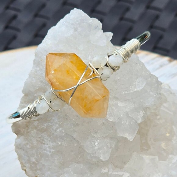 Citrine & Moonstone Wire Wrap Cuff – 925 Silver Over Copper – Energy & Balance - Picture 10 of 14